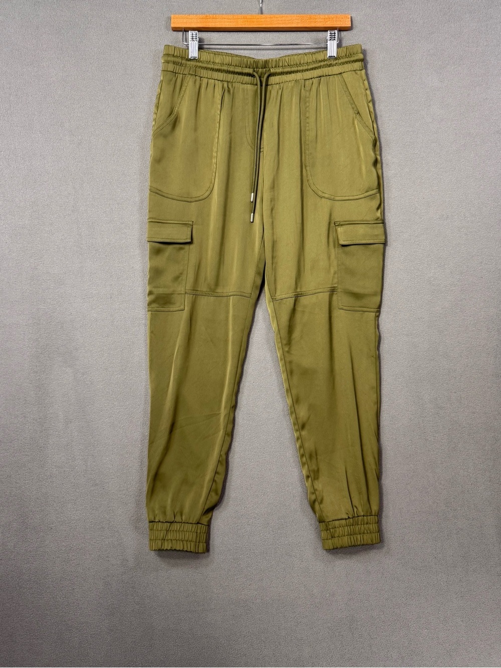 Jaclyn Smith Olive Green Cargo Satin Sheen Jogger Pants, Size S